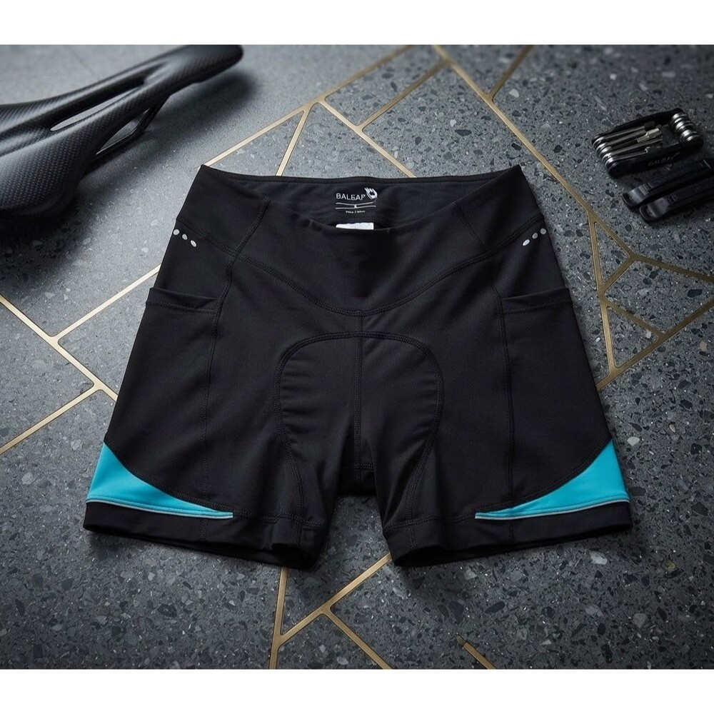 Baleaf Womens Large Padded Cycling Shorts Black Turquoise Pocket Bike Reflective